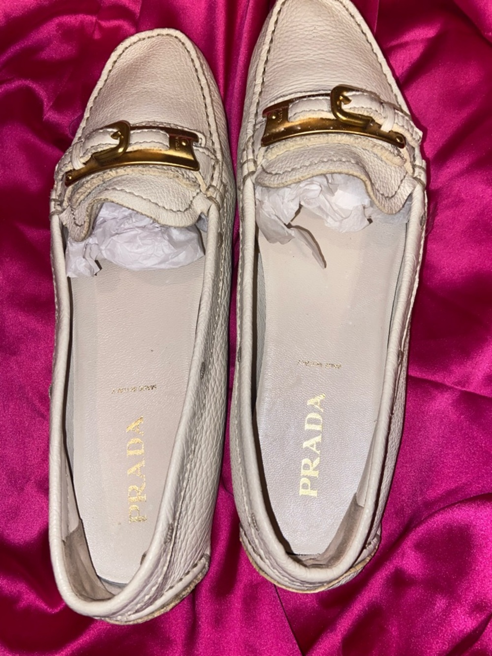 Prada White Leather Loafers with Gold Buckle Accent - Picture 2 of 10